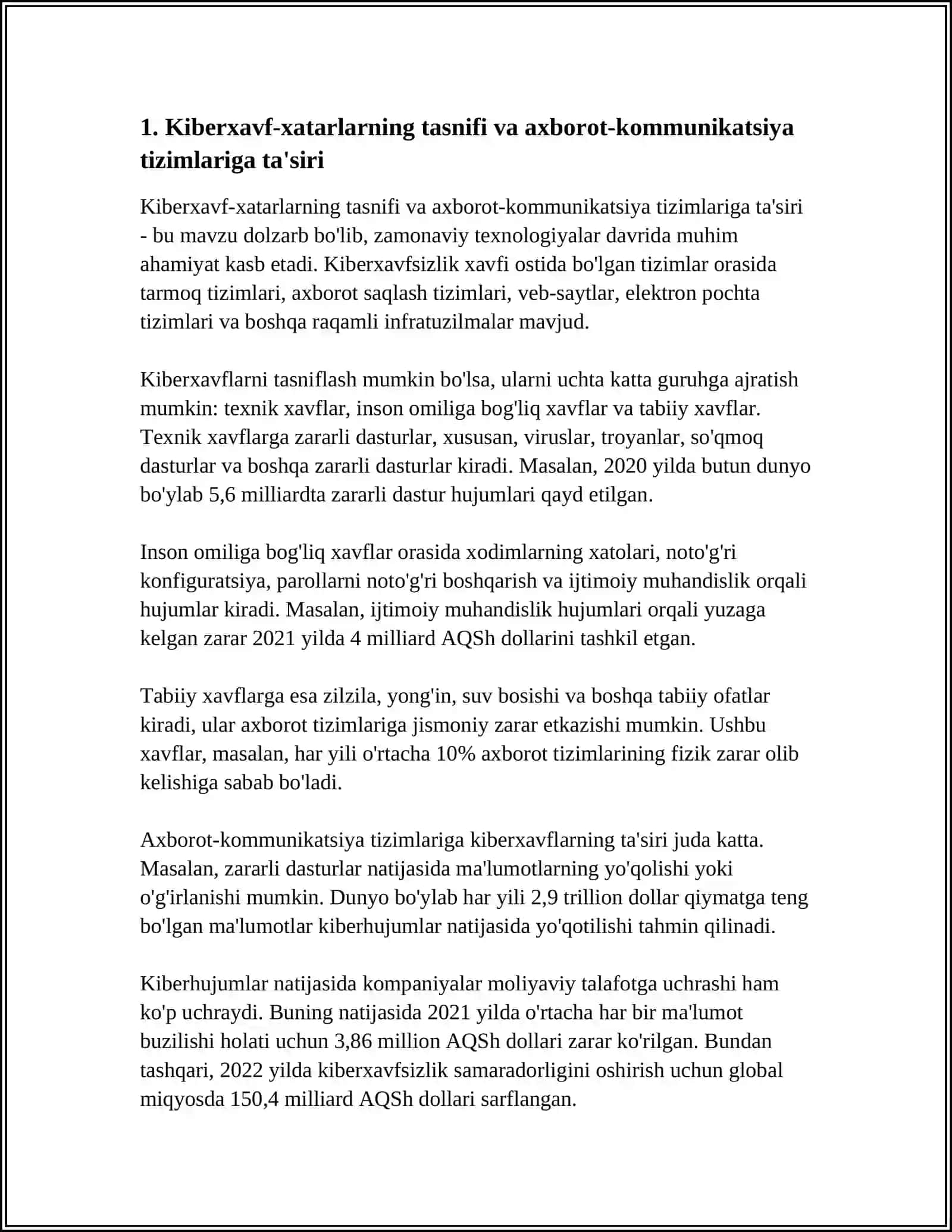 AXBOROT-KOMMUNIKATSIYA TEXNOLOGIYALARI XAVFSIZLIGIGA BO‘LADIGAN TAHDIDLARNI TAHLIL QILISH 3