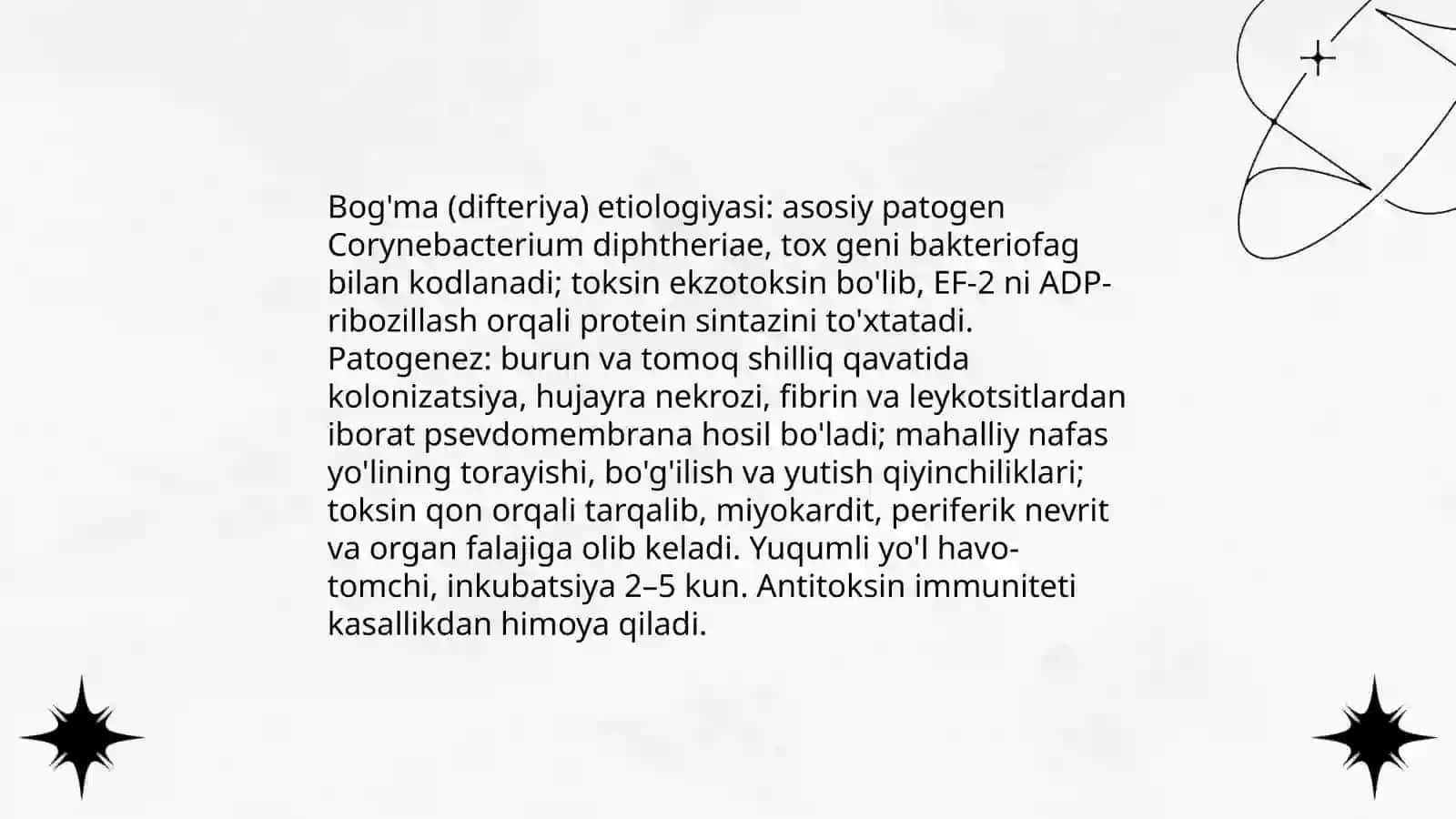 Havo-tomchi infeksiyalari: bog'ma (difteriya), kok yo'tal, sil klebsiella tasnifi, ular keltirib chiqargan kasalliklar tashhisi, profilaktikasi 3