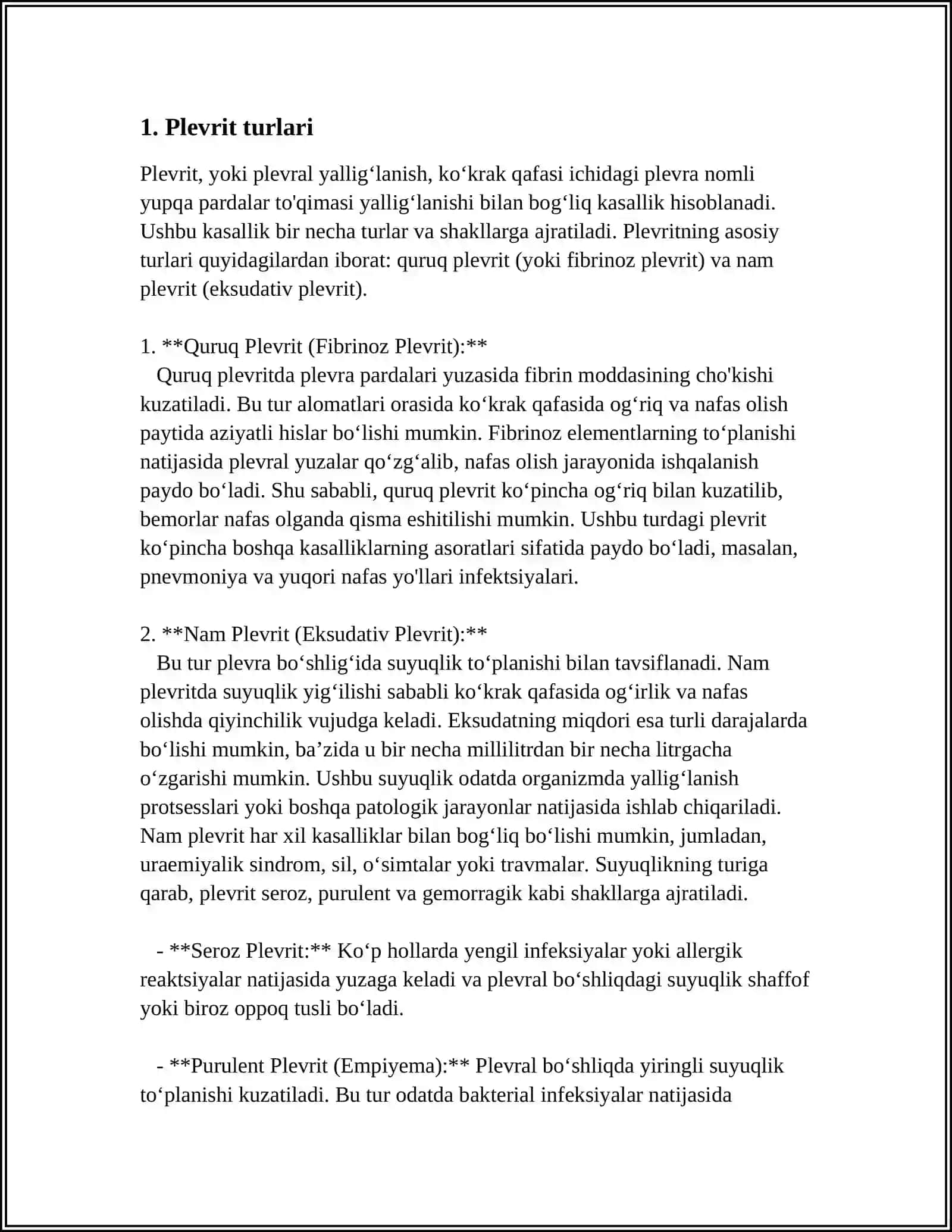 MUSTAQIL ISH Mavzu: PLEVRIT 3