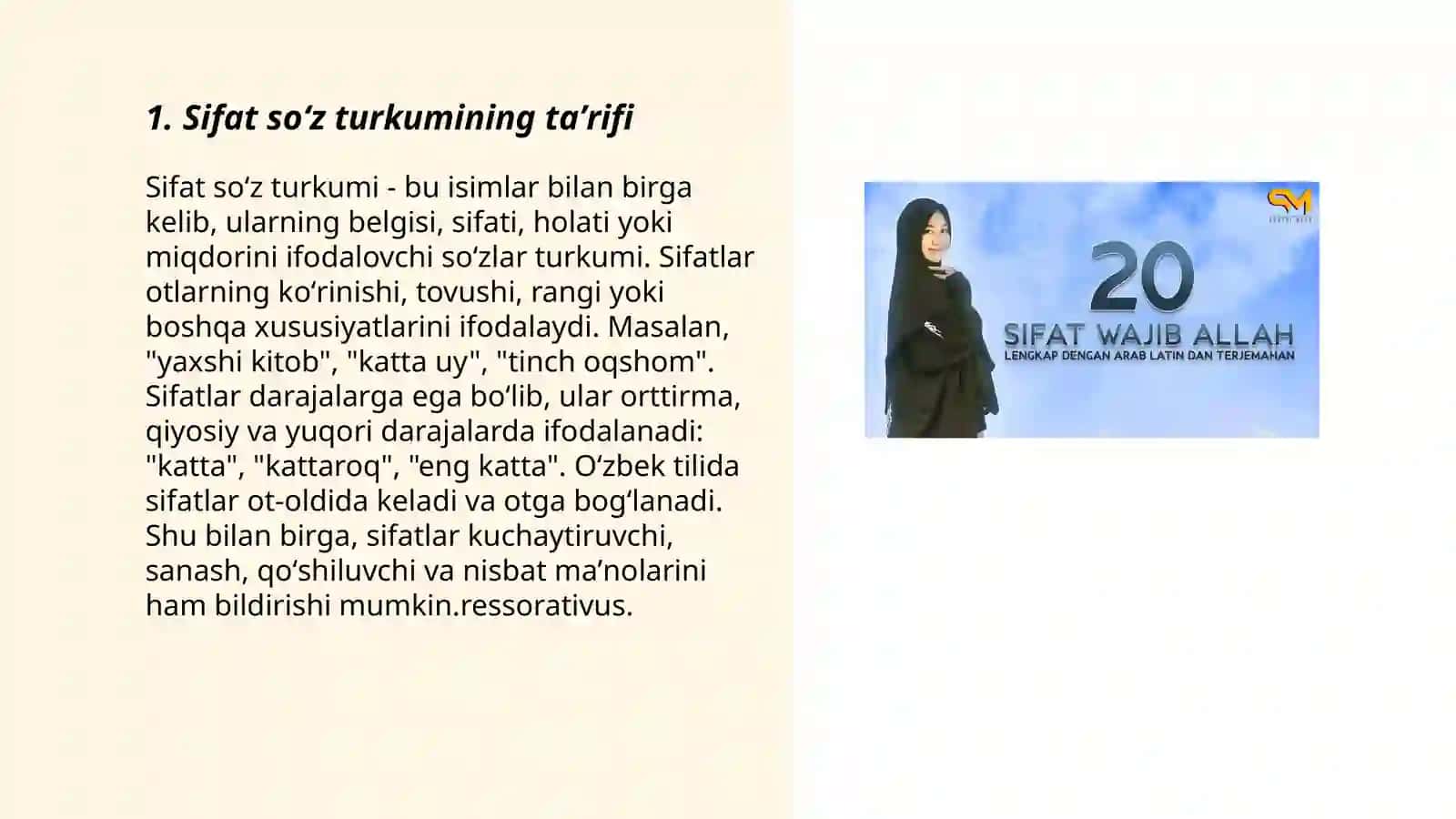 Sifat soʻz turkumining matndagi oʻrni 3