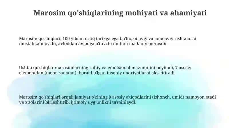 Marosim qo'shiqlari ijro oʻrni va badiyati 3
