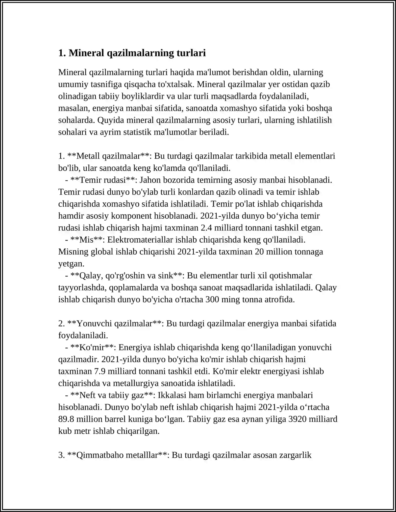 MUSTAQIL ISH Mavzu: MINERAL QAZILMALAR 3