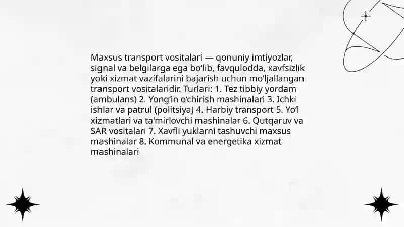 Maxsus transport vositalarining imtiyozlari Sheraliyev Elyor 3