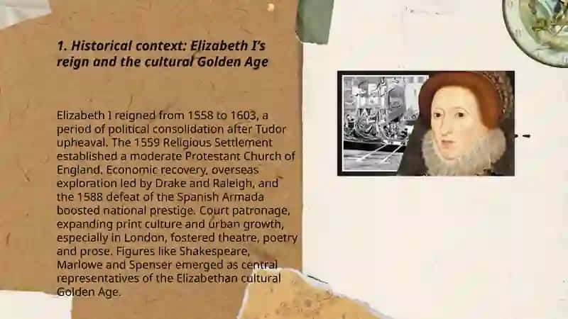 Golden age of Elizabeth I.English renaissance:its particular features,the main directions and representatives 3