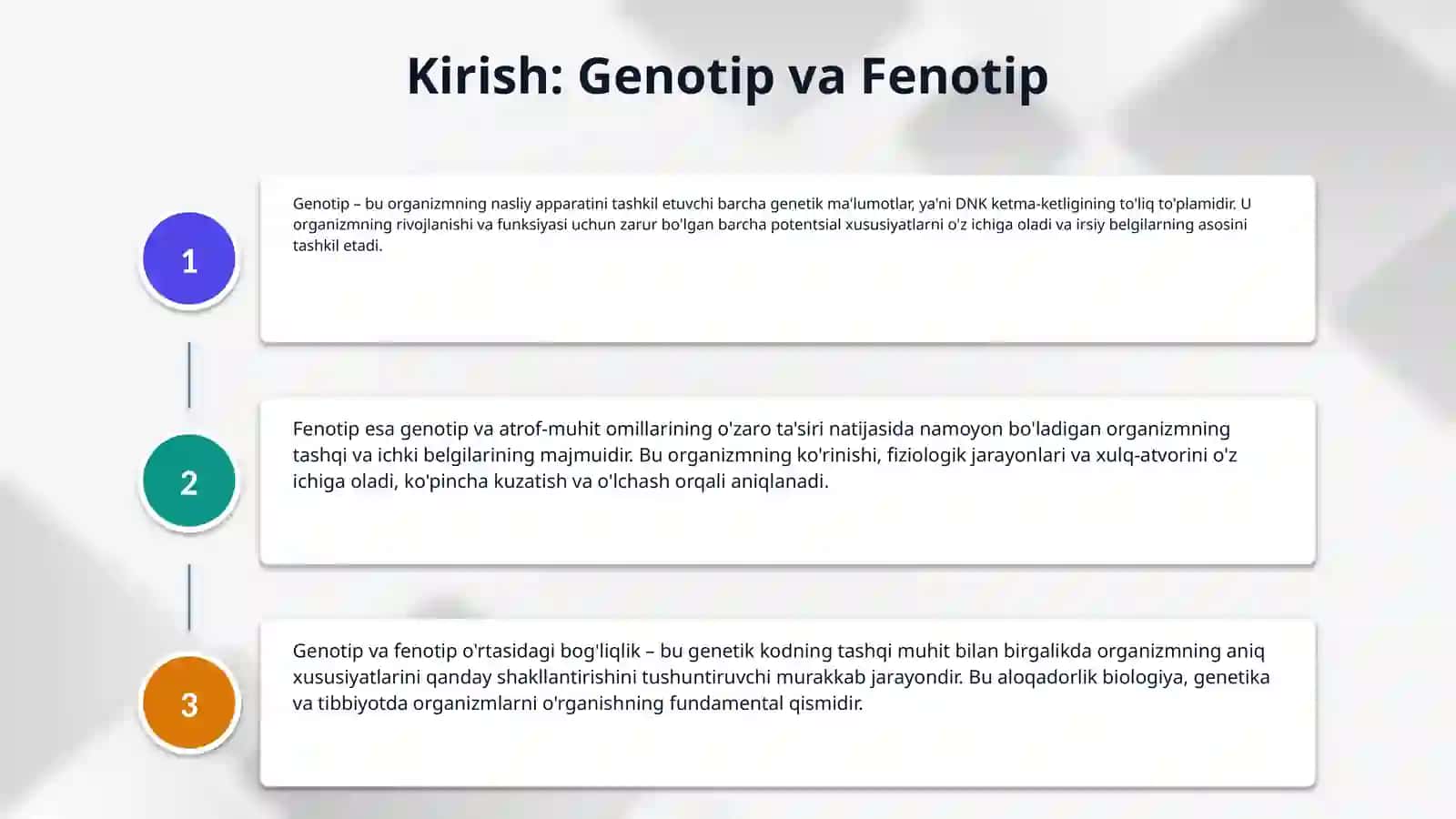 Genotip va fenotip oʻrtasidagi bogʻliqlik 3