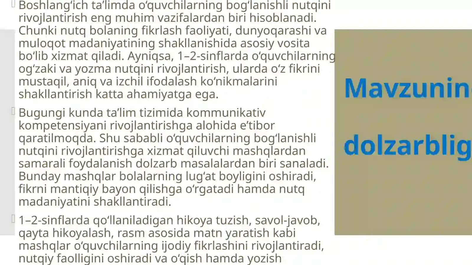 1-2 sinflarda bogʻlanishli nutq va uni oʻstirishga oid 3