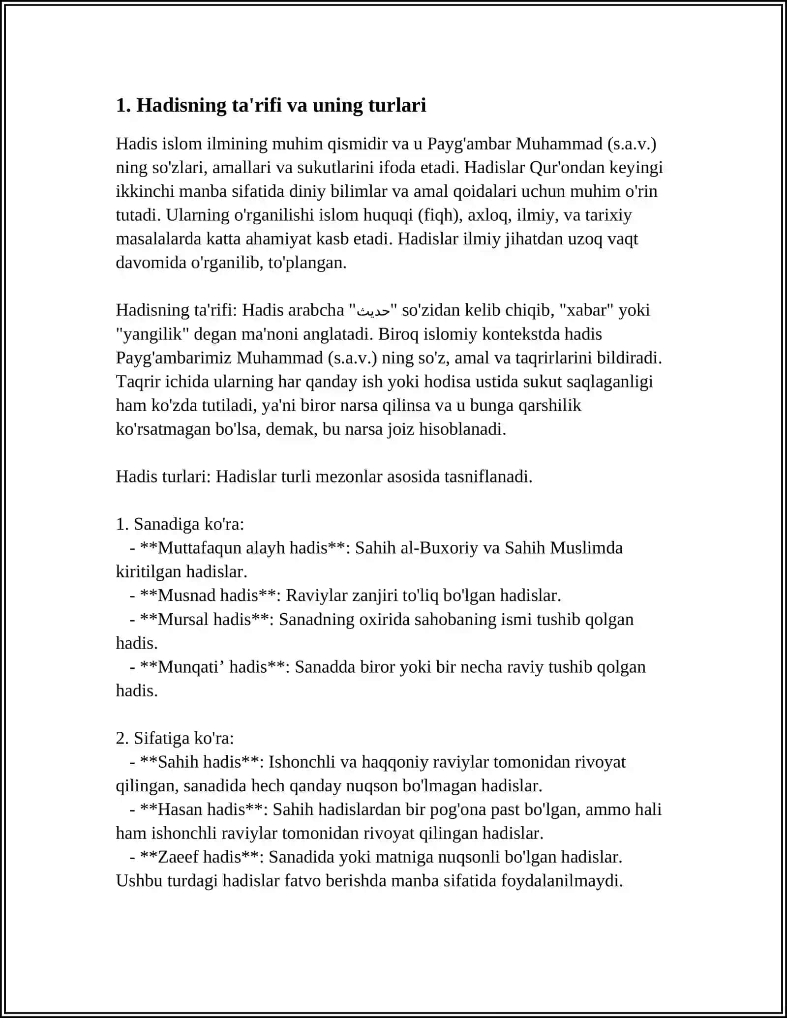 HADIS VA UNING ISLOM DINIDA TUTGAN OʻRNI 3