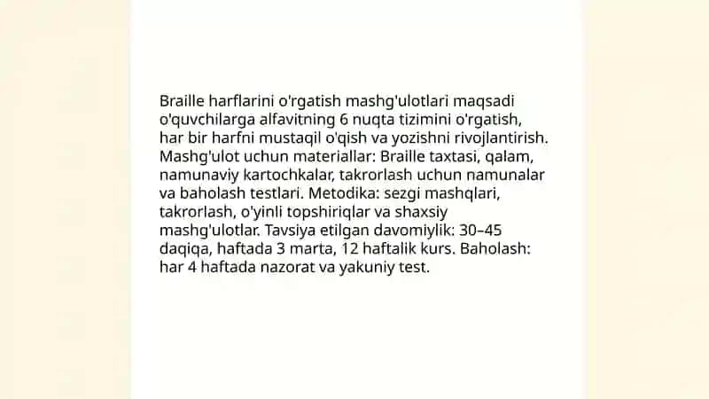 Braille harflarini o'rgatish mashg'ulotlari 3