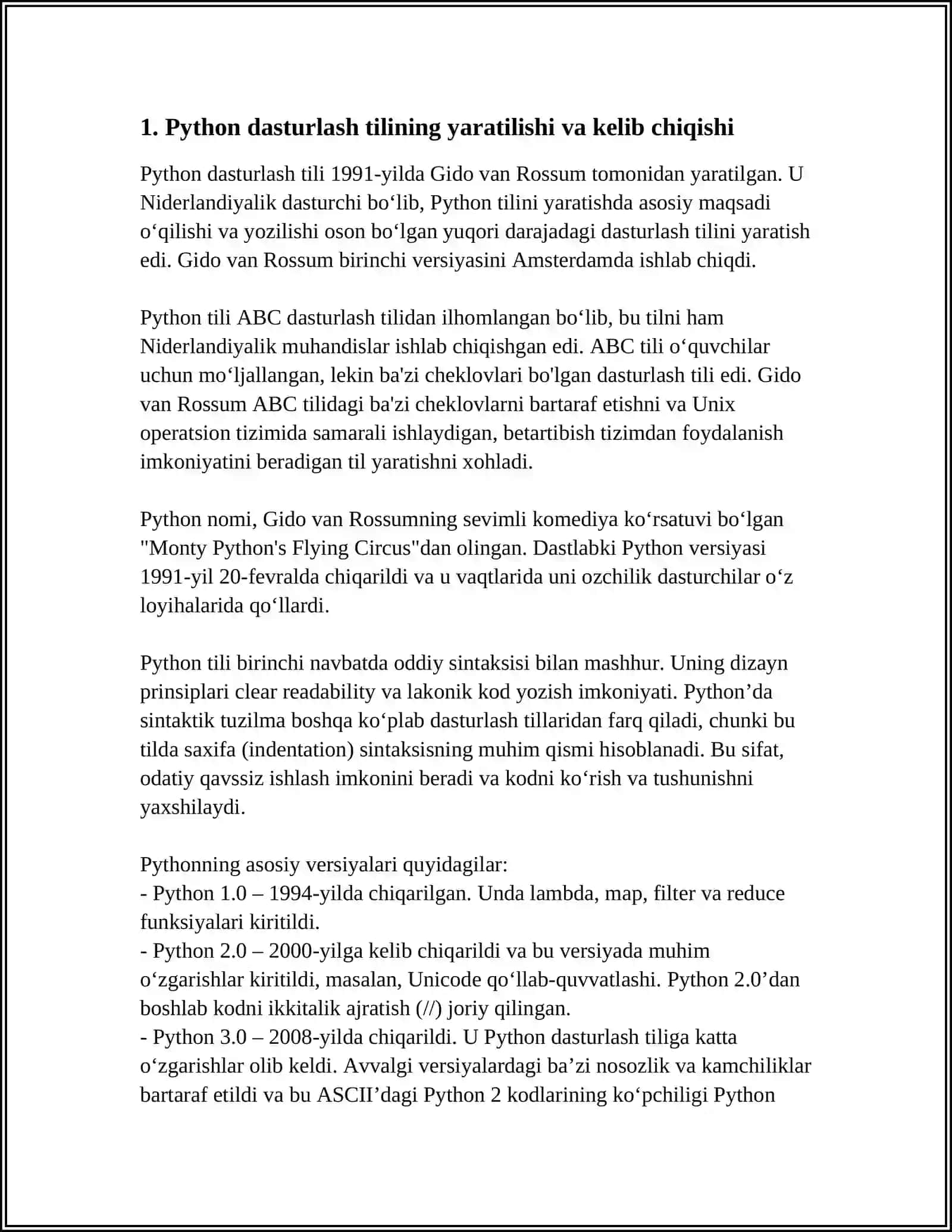 DASTURLASH TILLARINING RIVOJLANTIRISH TARIXI. PAYTHON DASTURLASH TILI 3