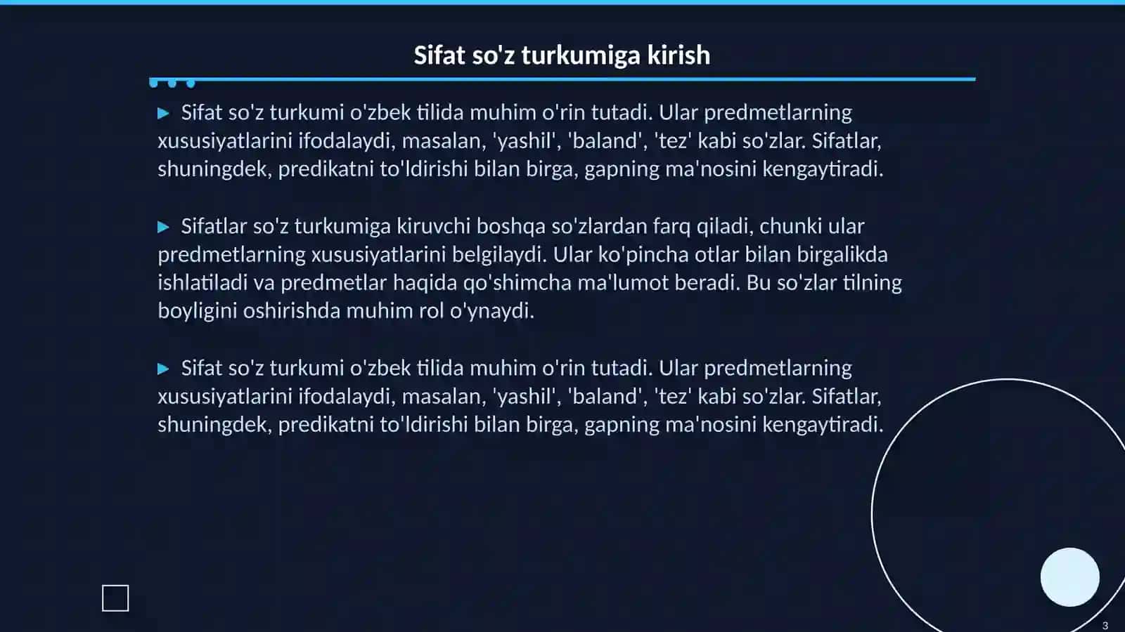 Sifat soʻz turkumi haqida aniq maʼlumotlar bln 8 betli 3