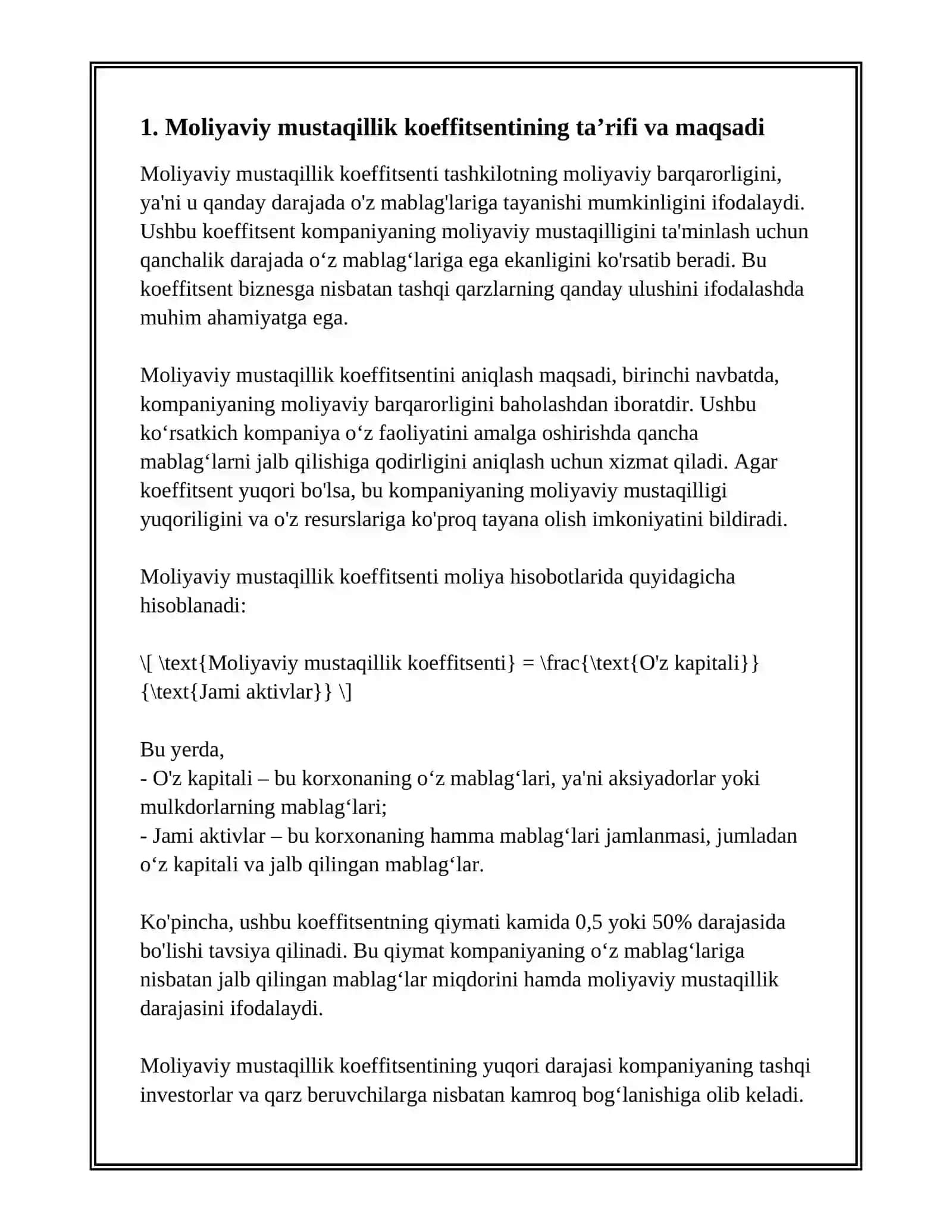 MOLIYAVIY MUSTAQILLIK KOEFFITSENTINI ANIQLASH TARTIBI 3
