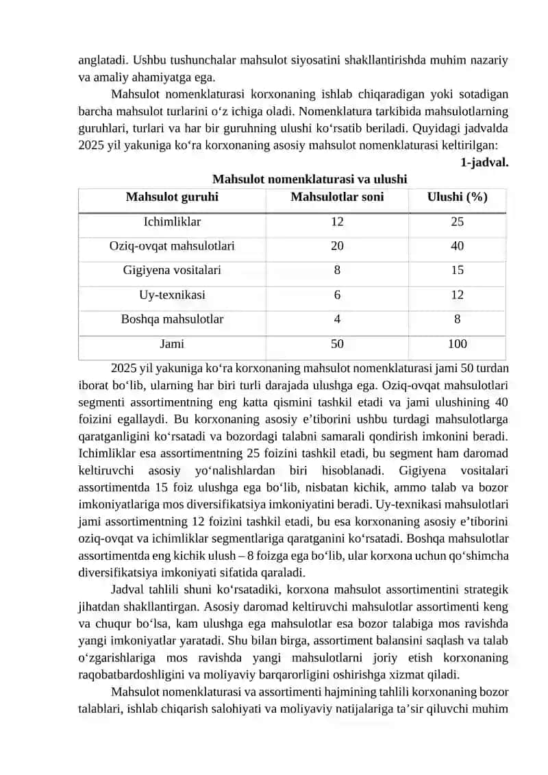 MAHSULOT NOMENKLATURASI VA ASSORTIMENTI HAJMINING TAHLILI. BOZOR IQTISODIYOTI SHAROITIDA MAHSULOT TURLARINI YANGILASHNING AHAMIYATI 3