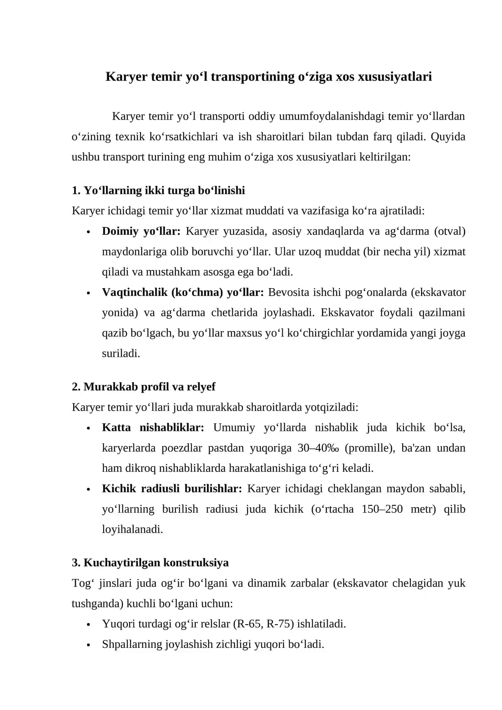 Karyerlarda temir yo`l transportini qo`llash 3