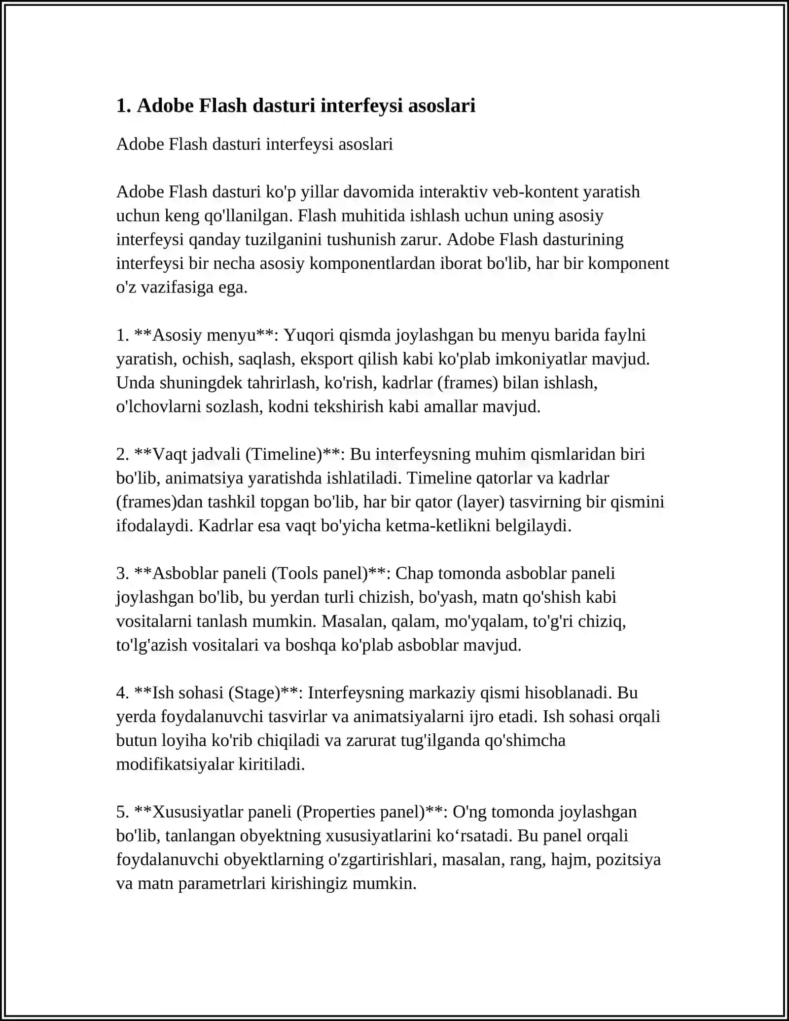 ADOBE FLASH DASTURI INTERFEYSI ELEMENTLARI. INSTRUMENTLAR PANELI. QATLAMLAR. KADR TURLARI 3