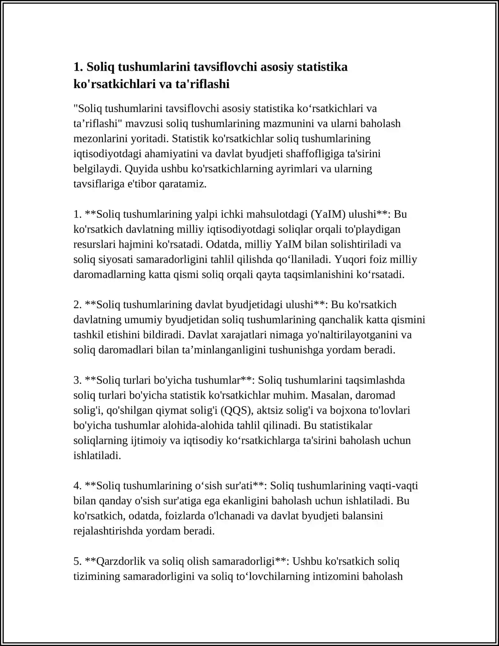 SOLIQ TUSHUMLARINI TAVSIFLOVCHI STATISTIK KOʻRSATKICHLAR VA ULARNING MAZMUNI 3