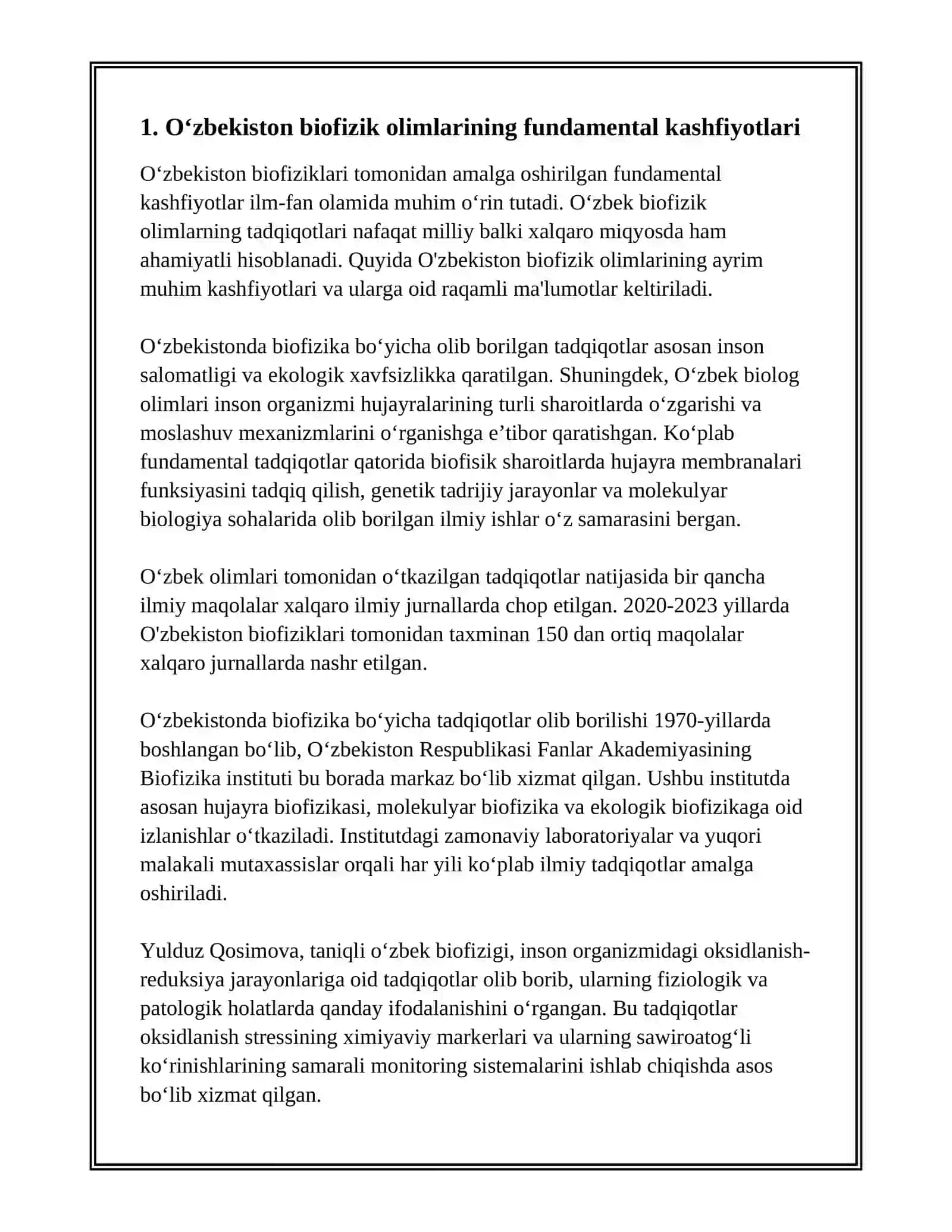 OʻZBEKISTON OLIMLARINING BIOFIZIKAGA QO'SHGAN HISSALARI 3