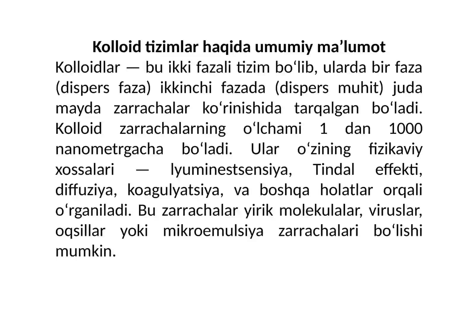 Kolloid eritmalardagi diffuziya tezligi bilan zarrachaning o'lchamlari orasidagi bog'lanish 3