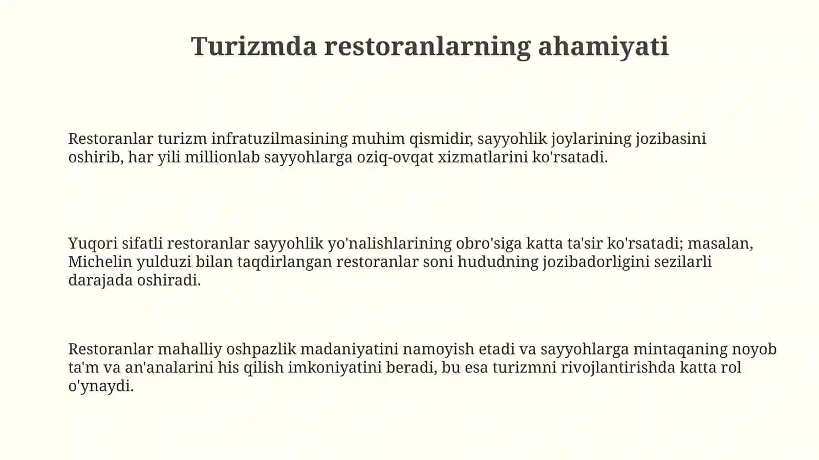 Turizm sohasida restoranlar o'qatlarini tashkil etuvchi sohasi 3