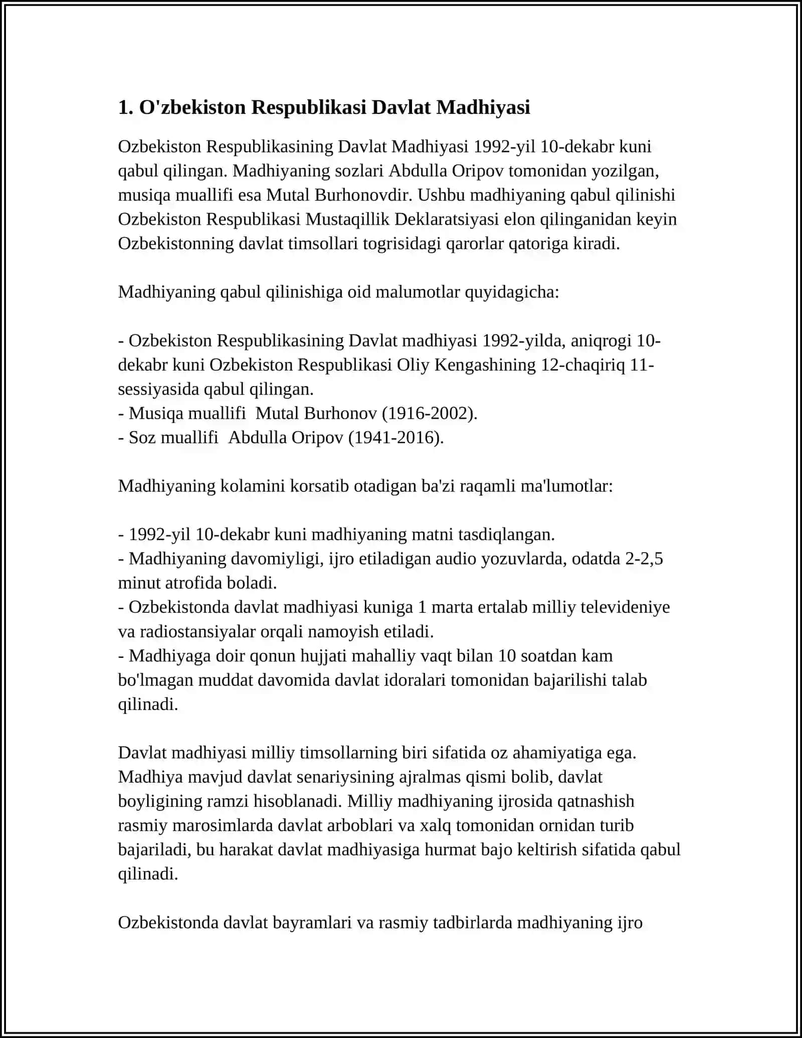 O‘zbekiston Respublikasi Davlat Madhiyasi 3