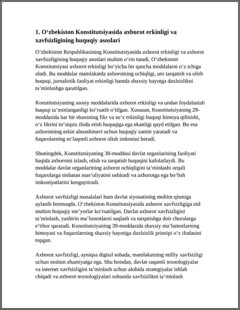 OʻZBEKISTONDA AXBOROT XAVFSIZLIGINING MAʼNAVIY VA HUQUQIY ASOSLARI ULARNING HUQUQIY HUJJATLARDAGI IFODASI 3