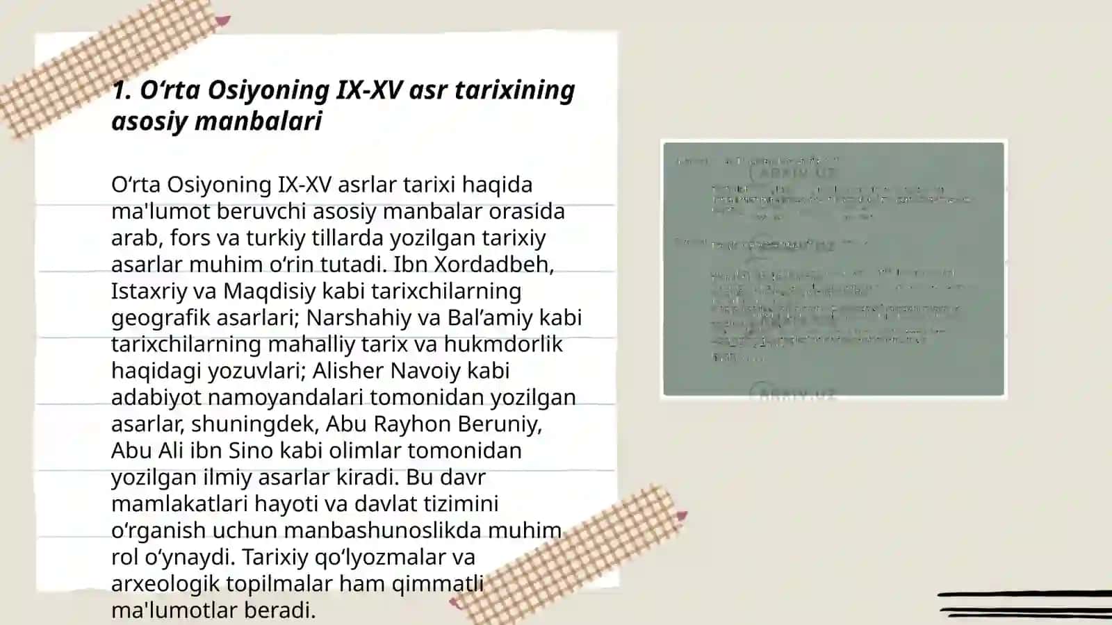Oʻrta Osiyoning IX-XV asrlar tarixiga oid yozma manbalari 3
