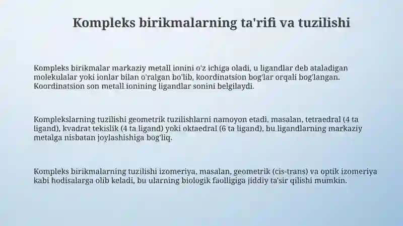 Kompleks birikmalarning organizmdagi roʻli 3