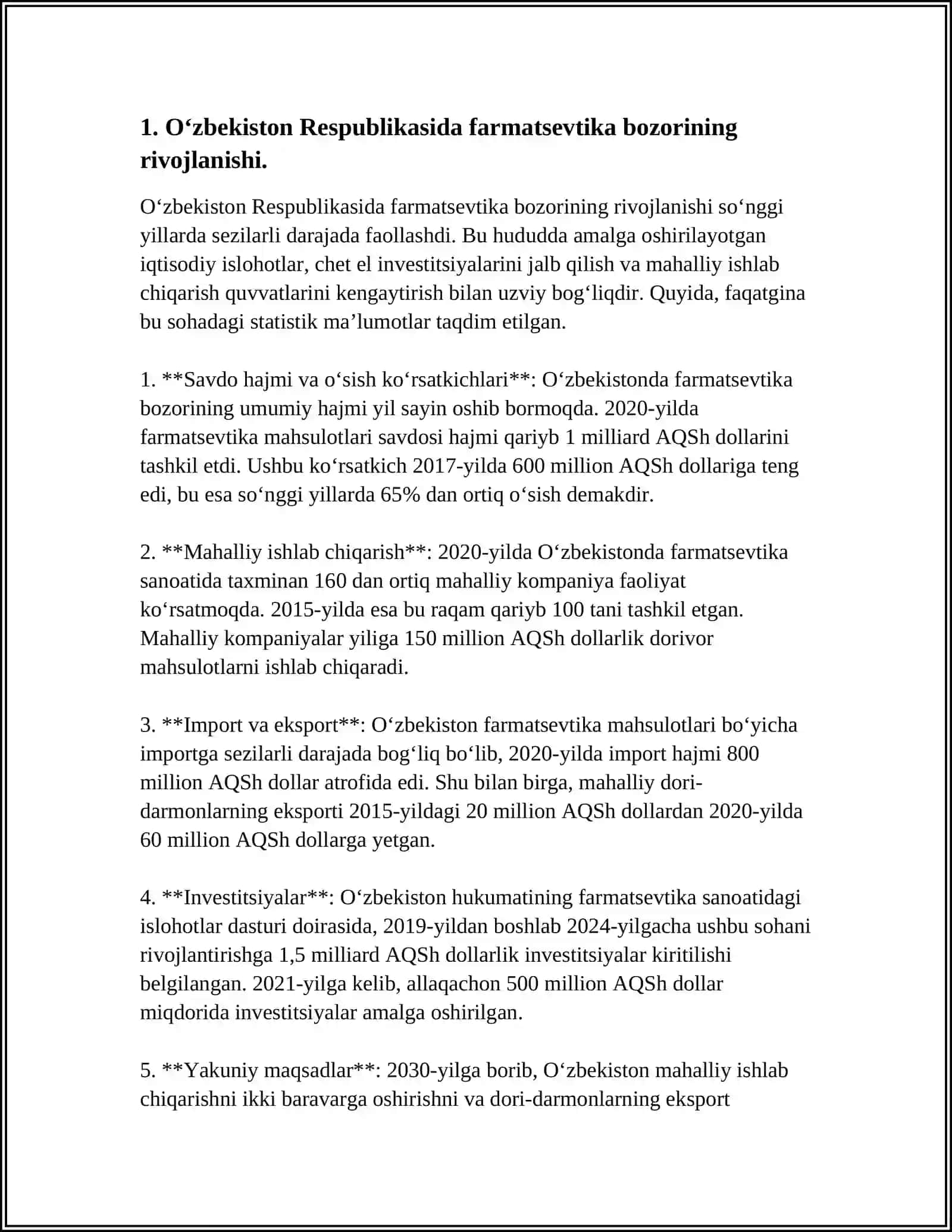 O‘ZBEKISTON RESPUBLIKASI DORI VOSITALARI BILAN TA’MINLASH TIZIMI VA FARMATSEVTIKA BOZORI. FARMATSEVTIKA FAOLIYATINI TARTIBGA SOLISHNING HUQUQIY ASOSLARI 3