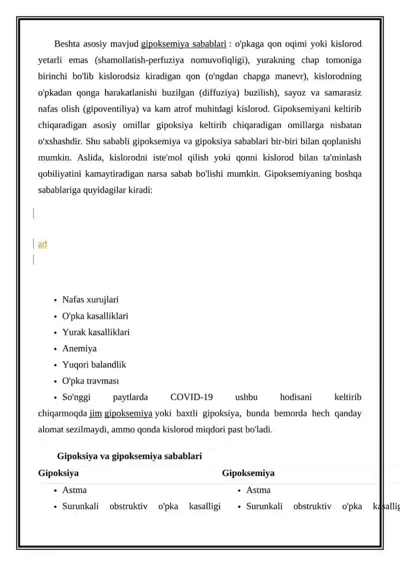 Gipoksiya va gipoksemiya: sabablari, alomatlari, davolash usullari va boshqalarni solishtiring 3