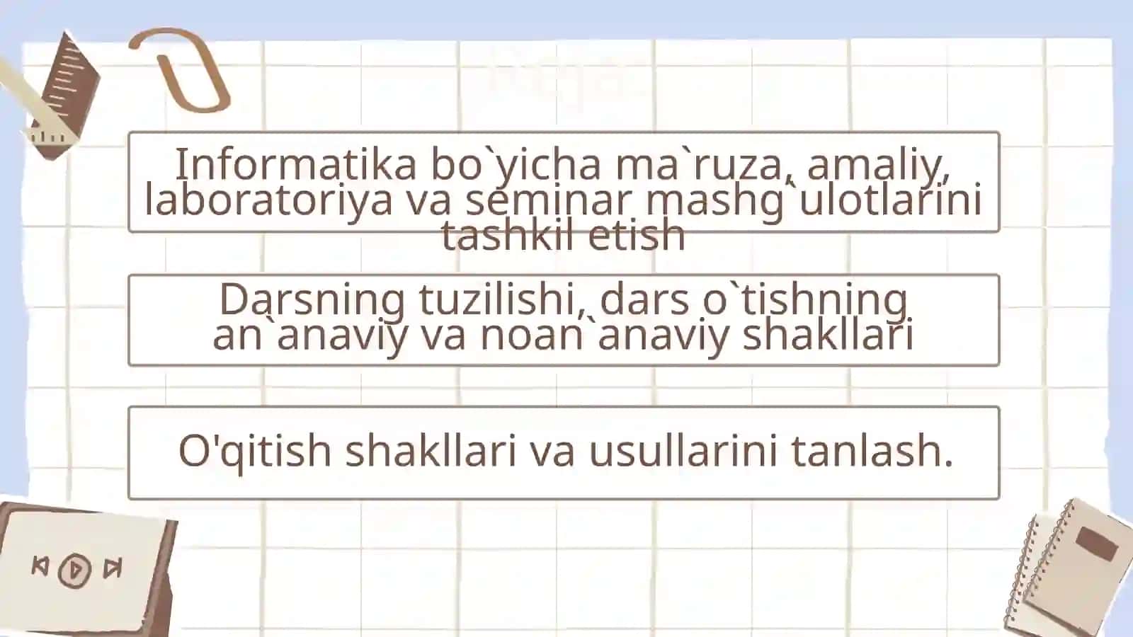 Informatika fanini oʻqitishning tashkiliy shakllari mavzusida taqdimot 3