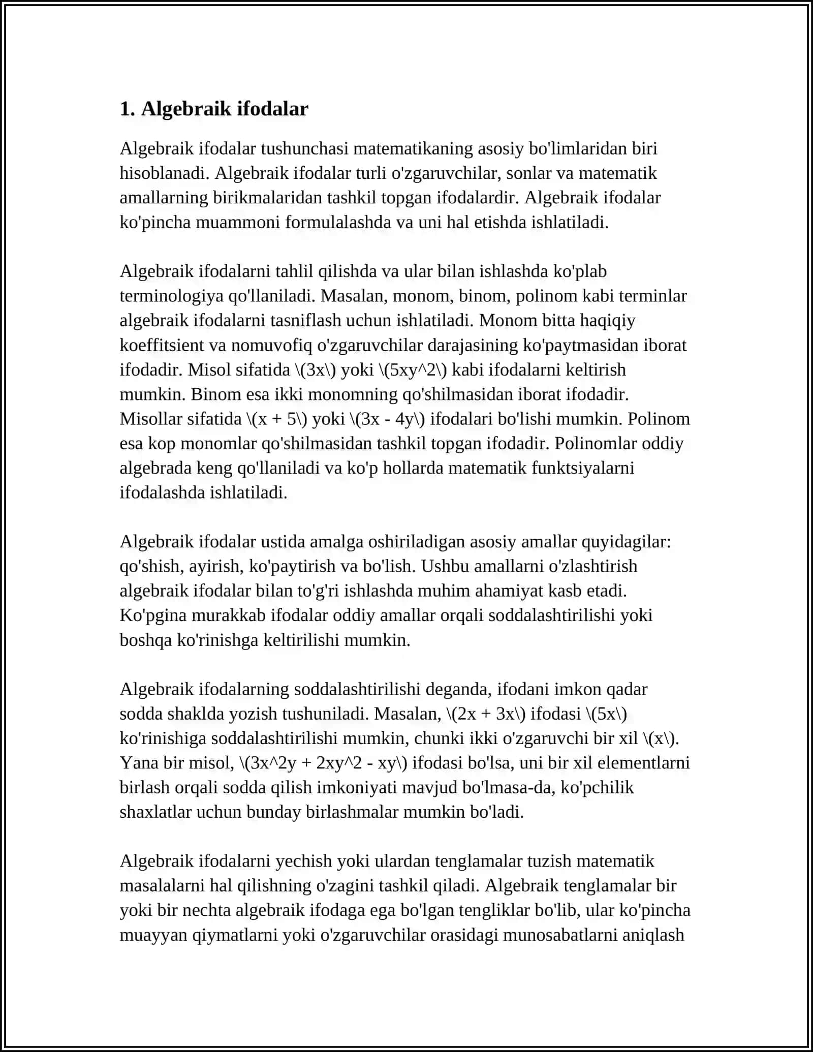 WORDDA MATEMATIK FORMULALAR BILAN ISHLASH 3