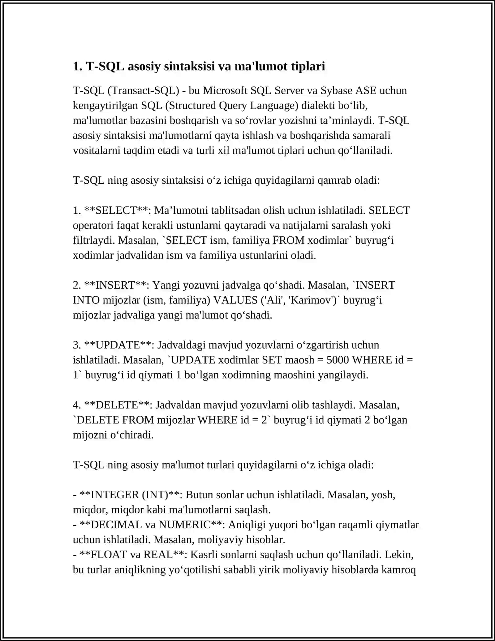 MA'LUMOTLARNI USTIDA AMALLAR BAJARISH TILINING (TRANSACT SQL) KENG IMKONIYATLARI 3