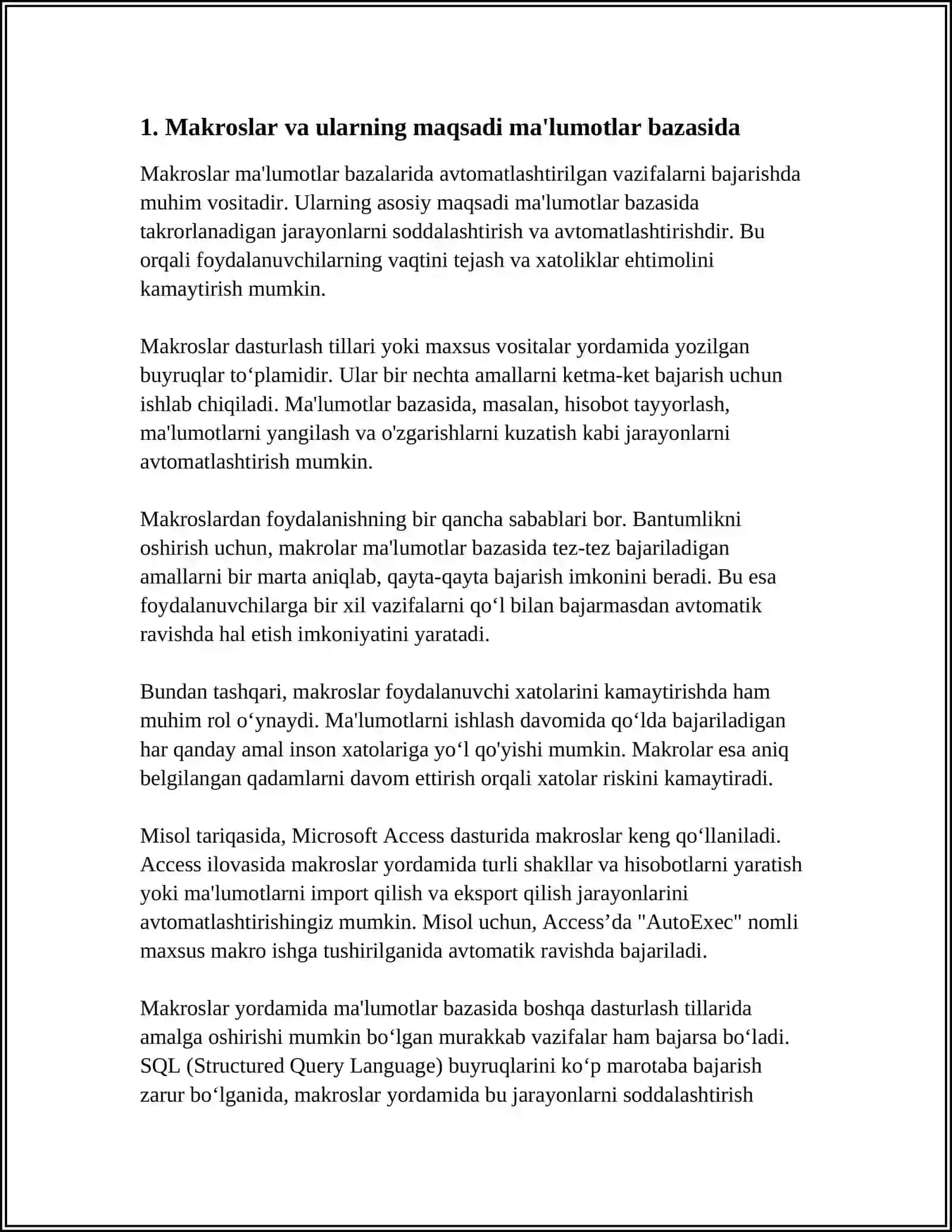 MALUMOTLAR BAZASIDA MAKROSLAR BILAN ISHLASH 3