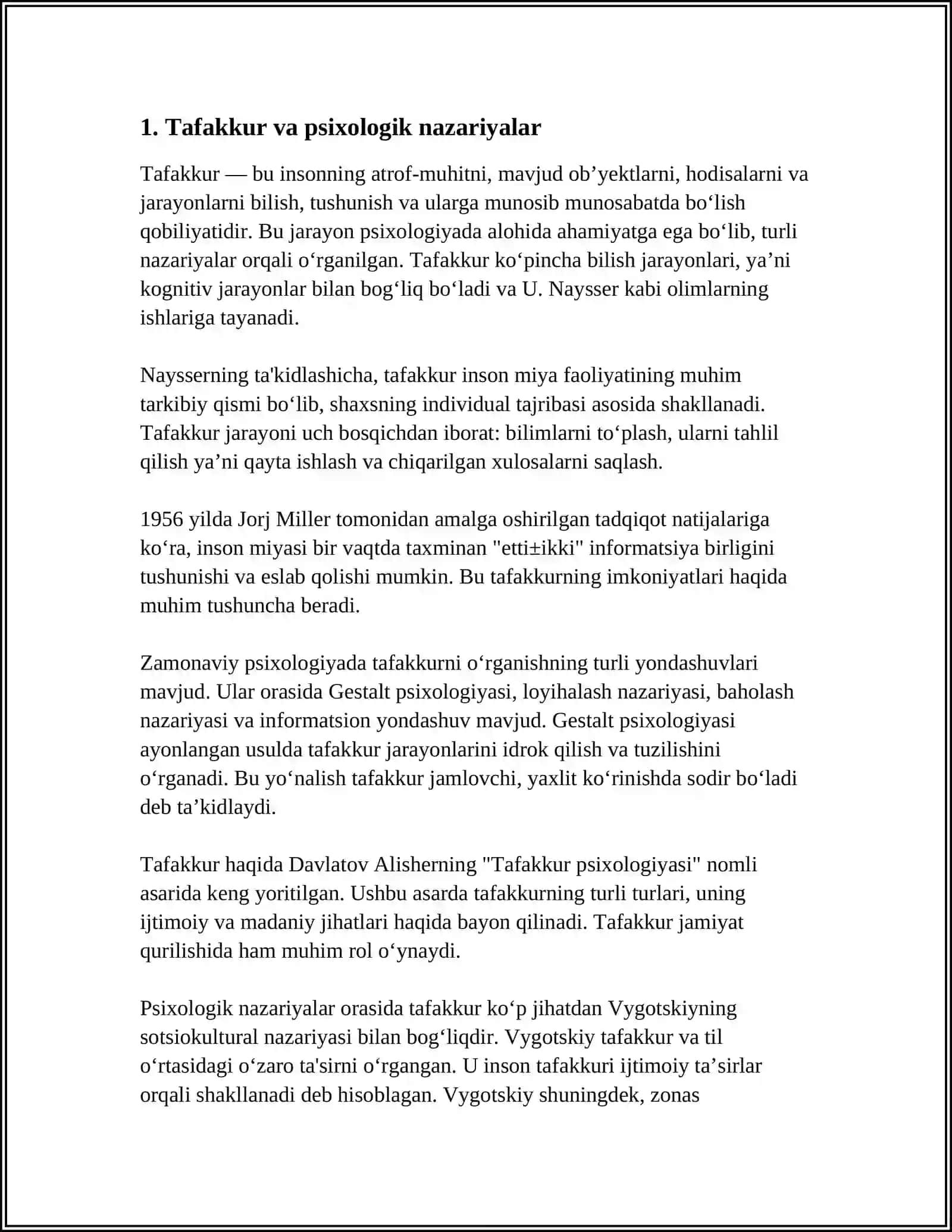 TAFAKKUR BORASIDAGI PSIXOLOGIK NAZARIYALAR. TAFAKKUR OPERASIYALARI. INTELLEKT VA KREATIVLIK NAZARIYALARI 3