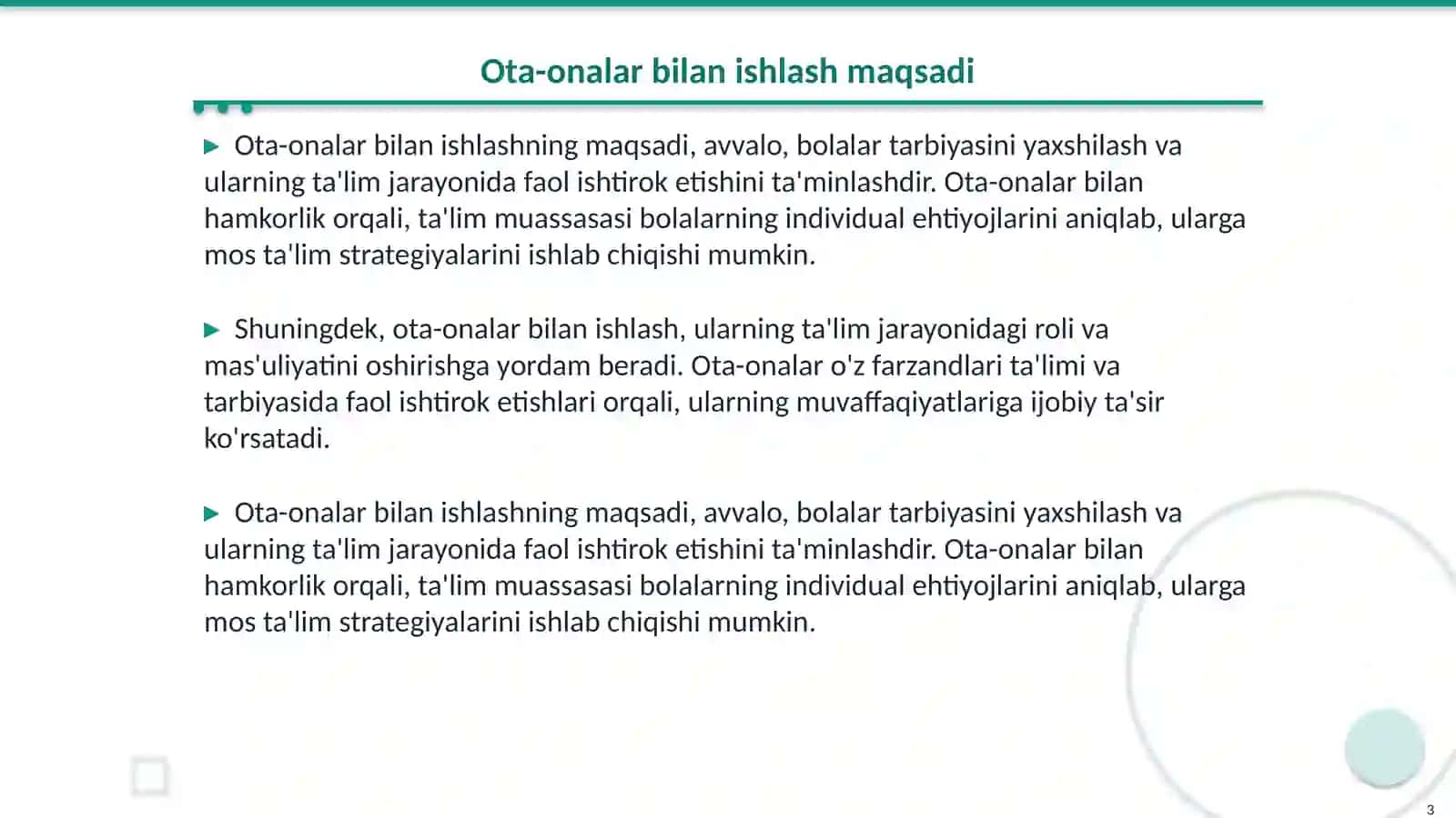 Ota onalar bilan ishlash metodikasi, ish turlari 3