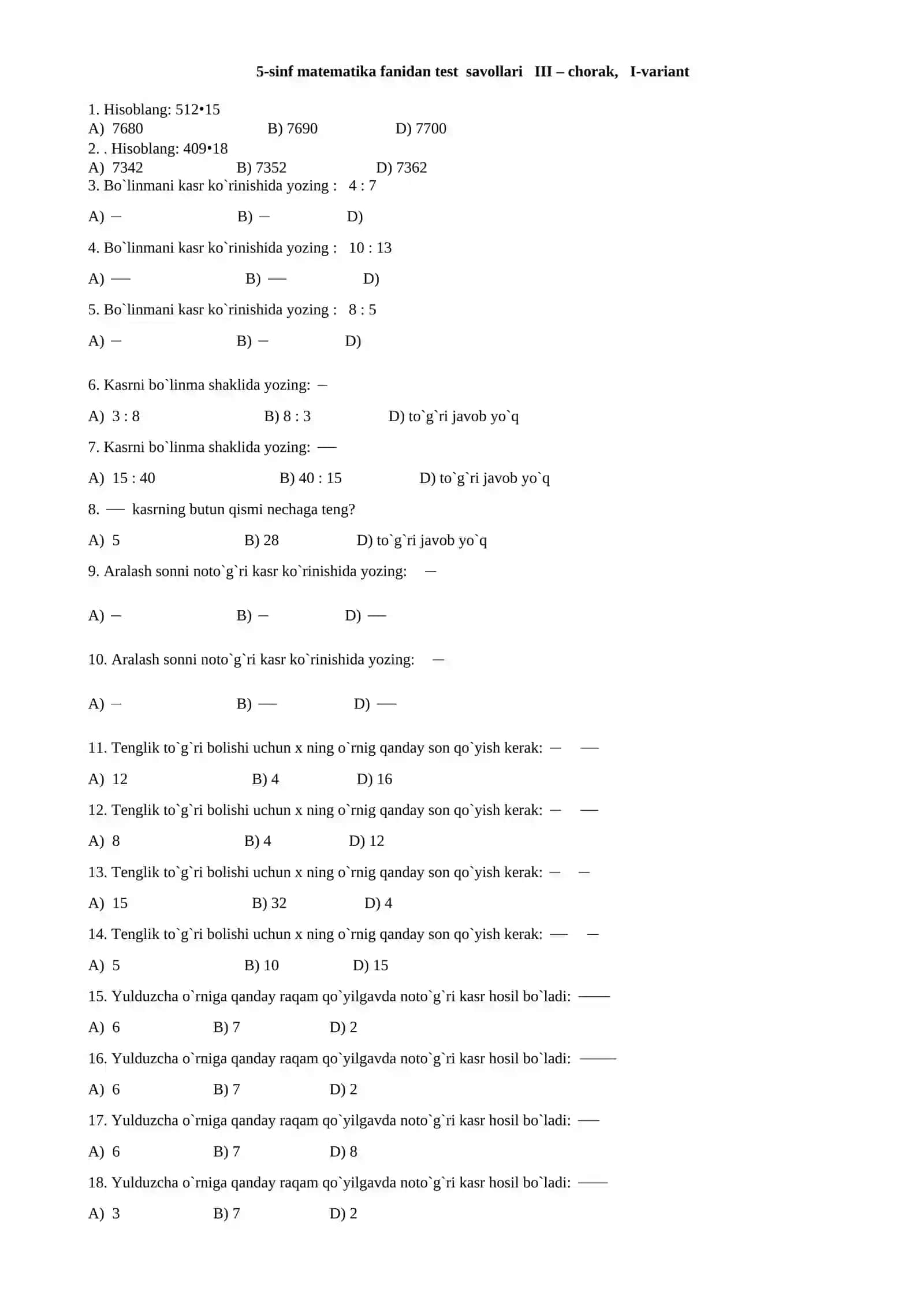 5-sinf matematika fanidan test savollari I – chorak, I-variant 3