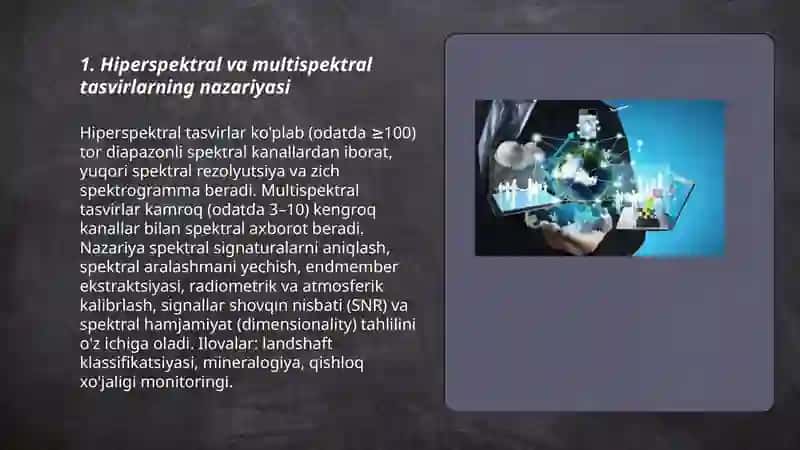 RAQAMLI TASVIRNI ISHLASH (IMAGE PROCESSING): SPEKTRAL TAHLIL, MULTISPEKTRAL | HIPERSPEKTRAL TASVIRLAR 3