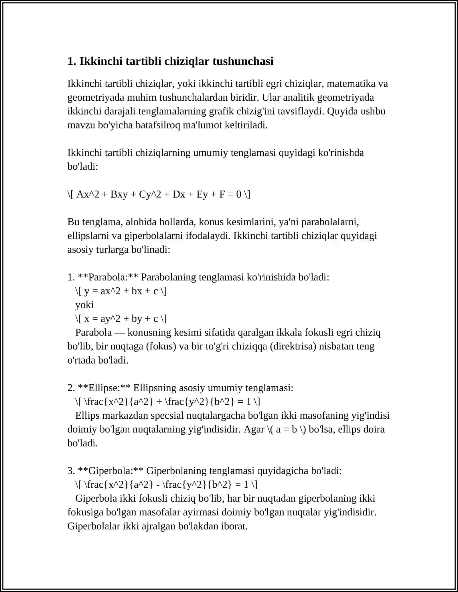 Ikkinchi tartibli chiziqlar tushunchasi 3