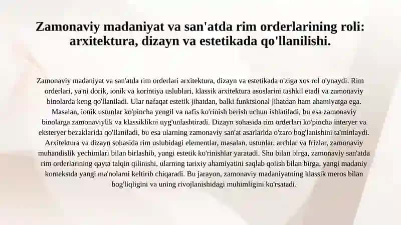 Rim orderlarining Zamonviy Qo'llanishi 3