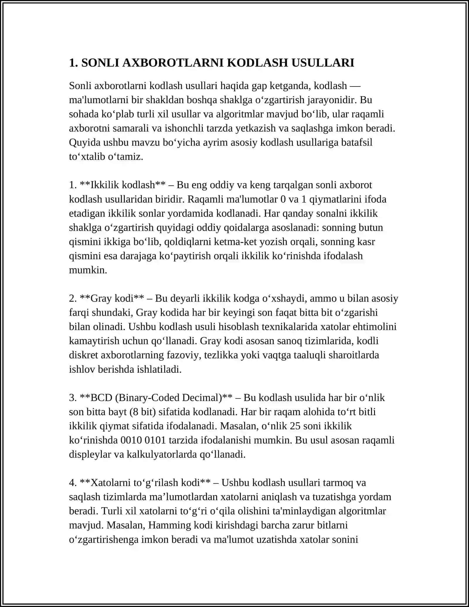 SONLI, GRAFIK VA TOVUSHLI AXBOROTLARNI KODLASH 3