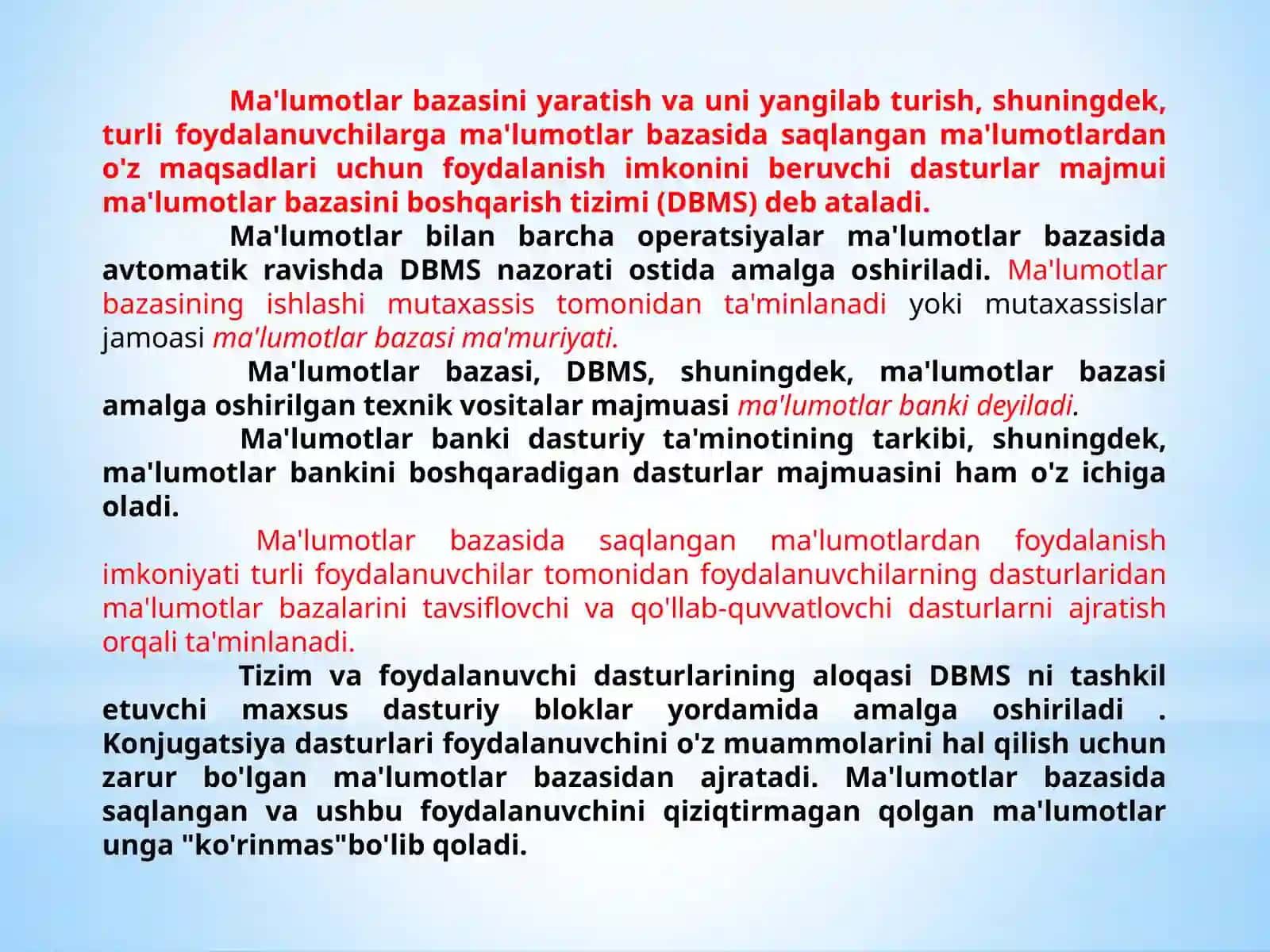 Ma'lumotlar bazasini boshqarish tizimining asosiy vazifalari 3