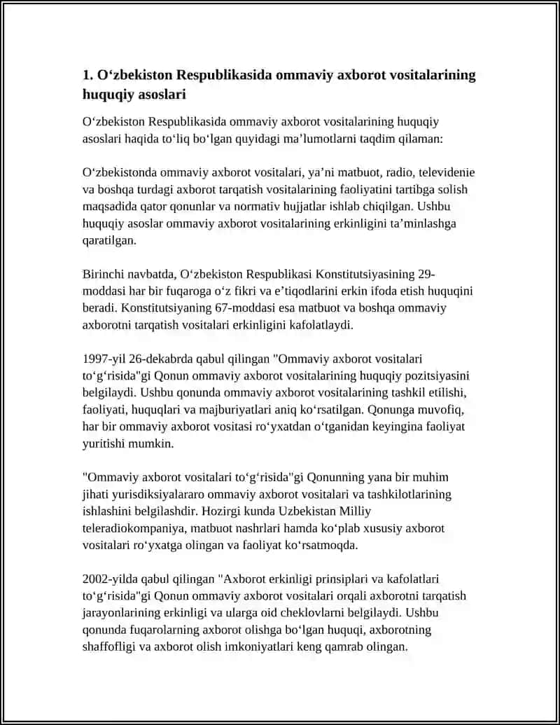 O‘zbekiston Respublikasida Ommaviy Axborot Vositalarining Faoliyati 3