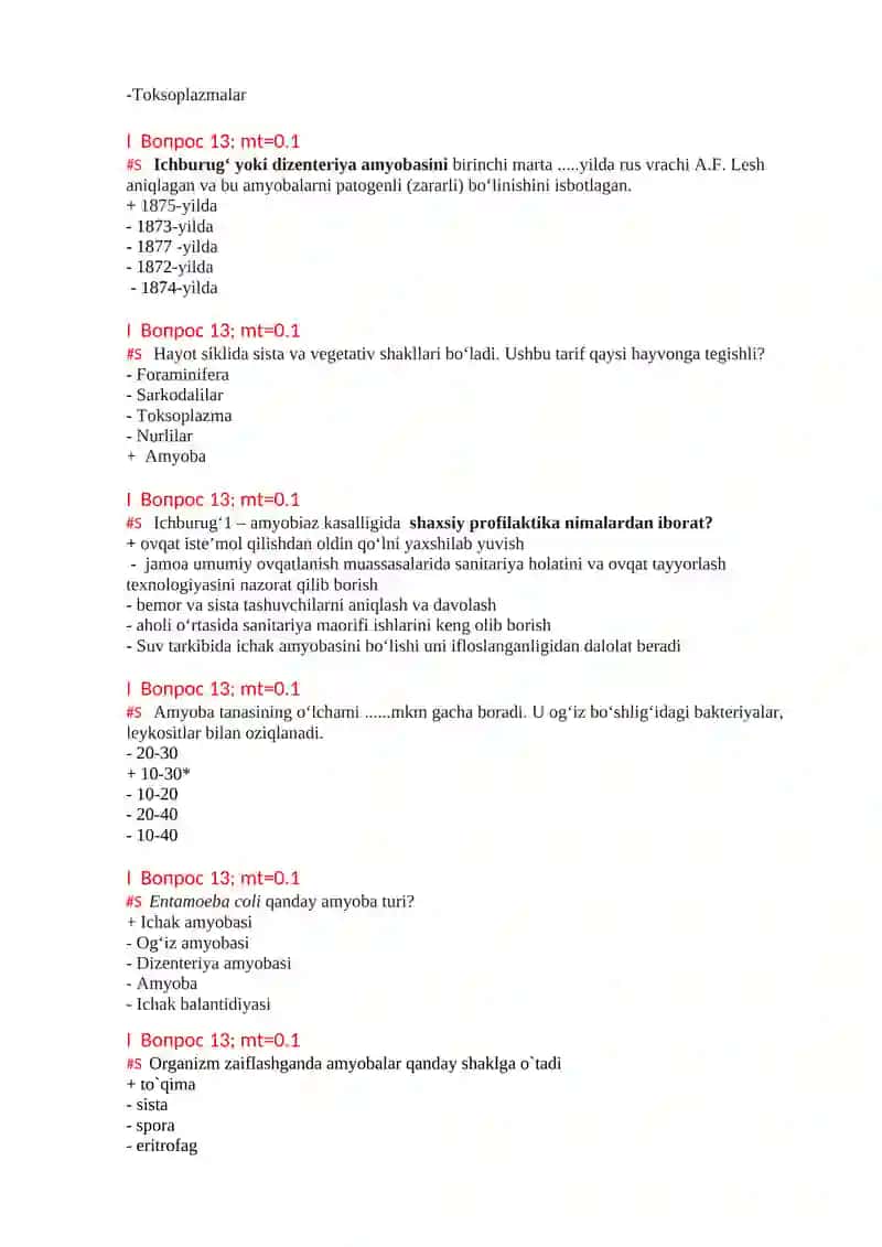 Tibbiy protozoologiya mavzusida test 3