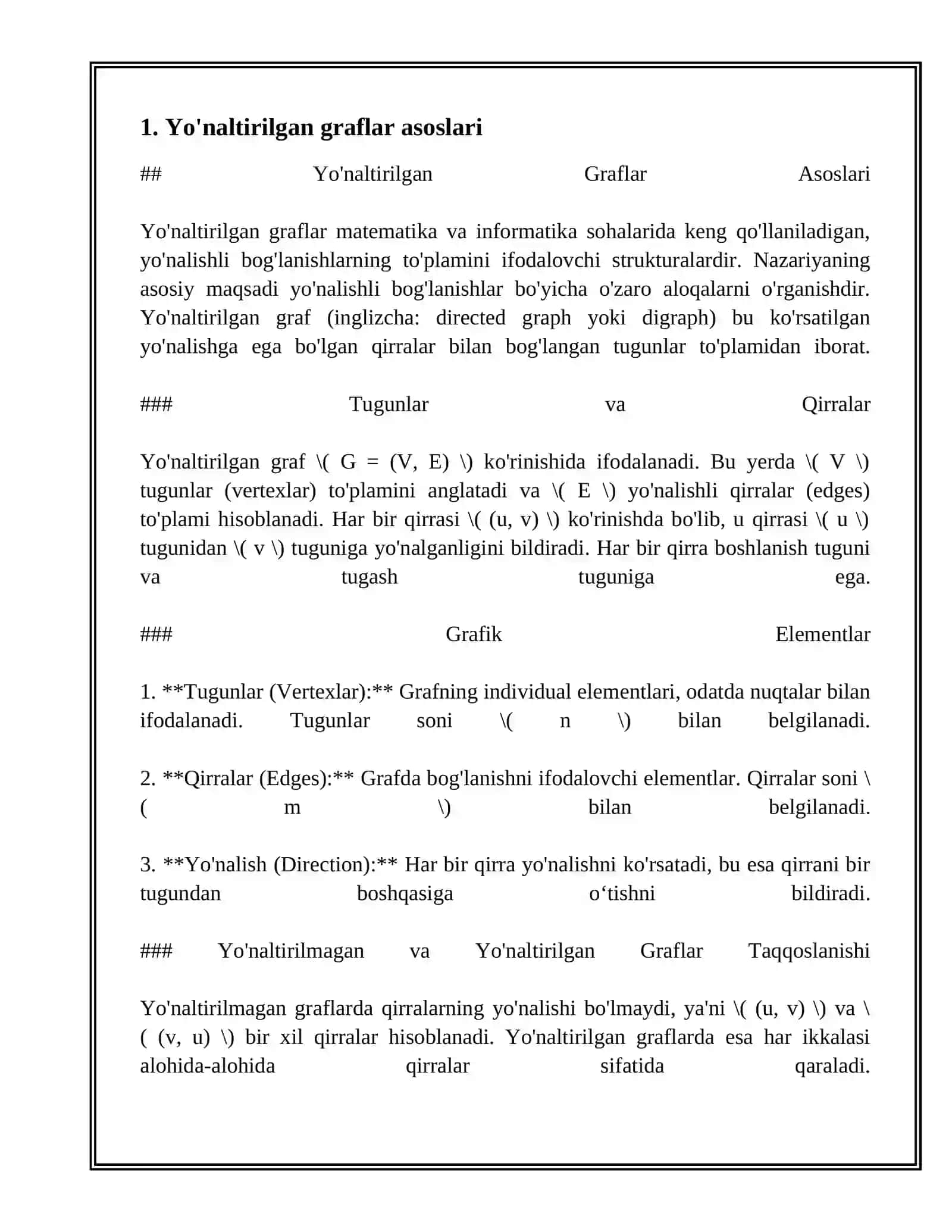 Yo'naltirilgan Graflar Asoslari mavzusida tayyor mustaqil ta'lim ishi 3