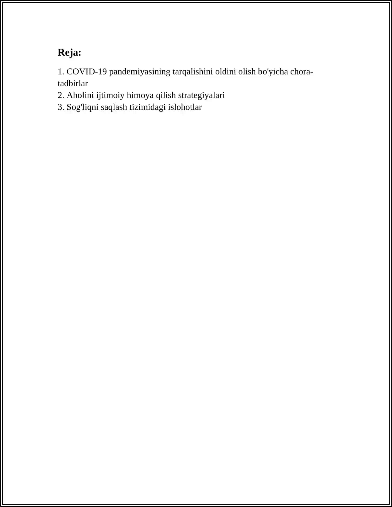 RESPUBLIKAMIZDA COVID-19 KORONAVIRUS INFEKTSIYASINING TARQALISHINI OLDINI OLISH BO'YICHA AHOLINI IJTIMOIY MUHOFAZA QILISH VA SOG'LIQNI SAQLASH TIZIMIDA OLIB BORILGAN KOMPLEKT CHORA TADBIRLAR 3