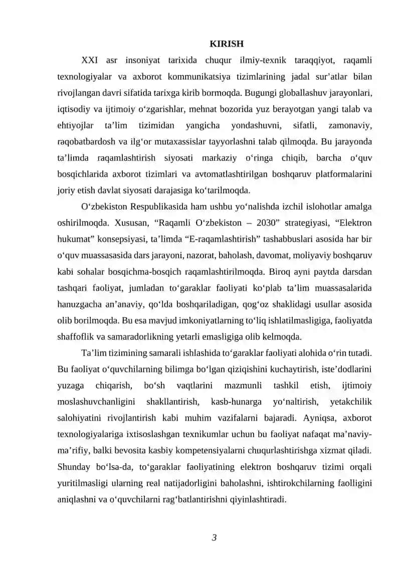 OQ -OLTIN AXBOROT TEXNOLOGIYALARI TEXNIKUMIDA TOʻGARAKLAR AXBOROT TIZIMINING DASTURIY TAʼMINOTINI ISHLAB CHIQISH 3