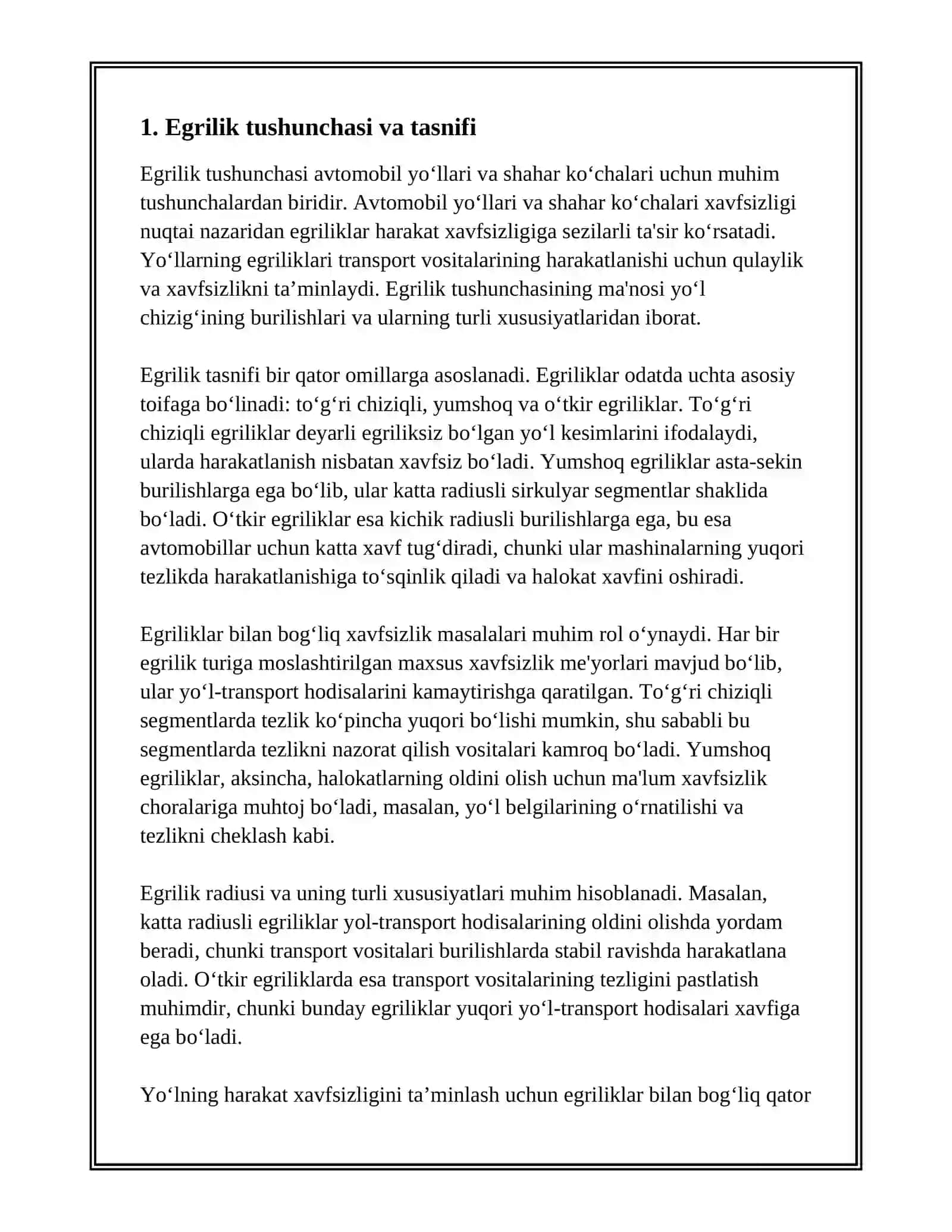 AVTOMOBIL YOLLARI VA SHAHAR KOCHALARINI EGRILIKLARIGA HARAKAT XAVSIZLIGI BOYICHA QOYILGAN MEYORIY TALABLARNI ORGANISH 3