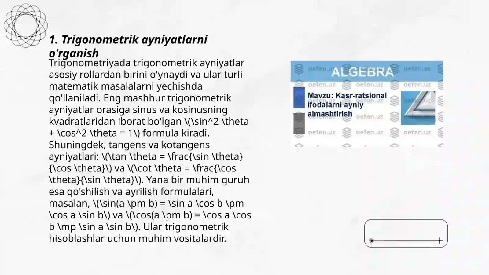 Trigonometrik ayniyatlarni o'rganish 3