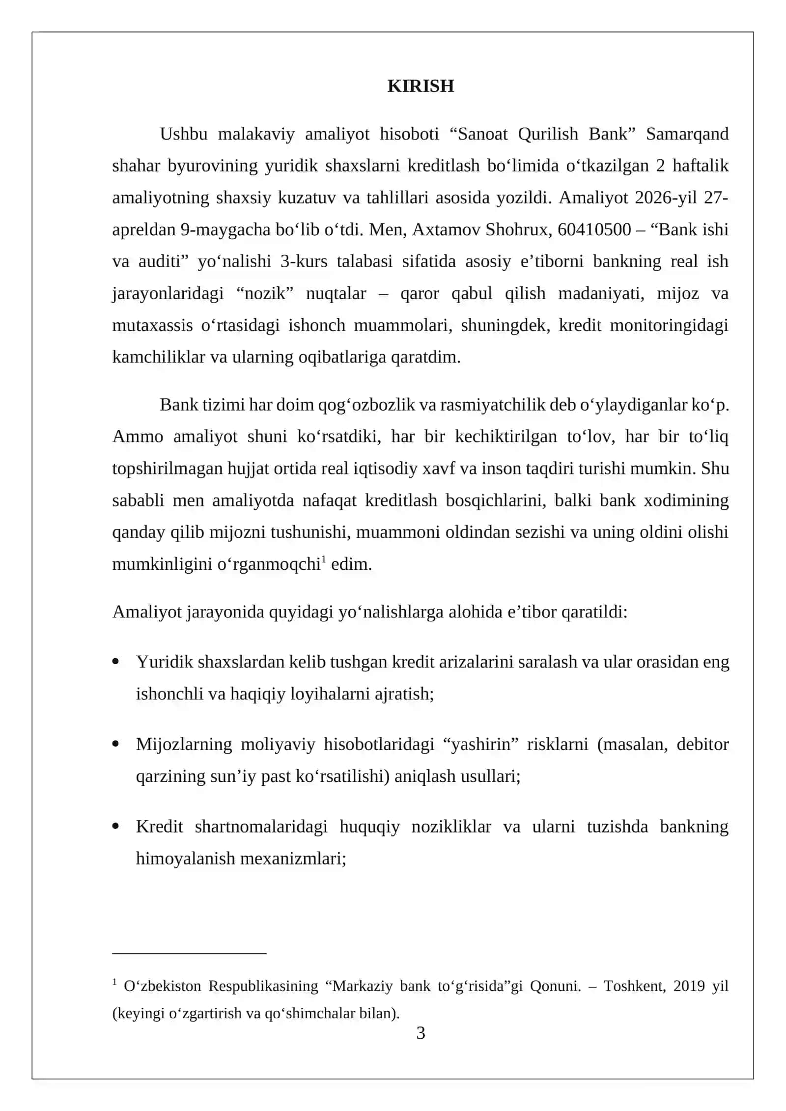 “Sanoat qurilish banki” Samarqand shahar BXOda o‘tkazilgan 
MALAKAVIY AMALIYOT
HISOBOTI 3