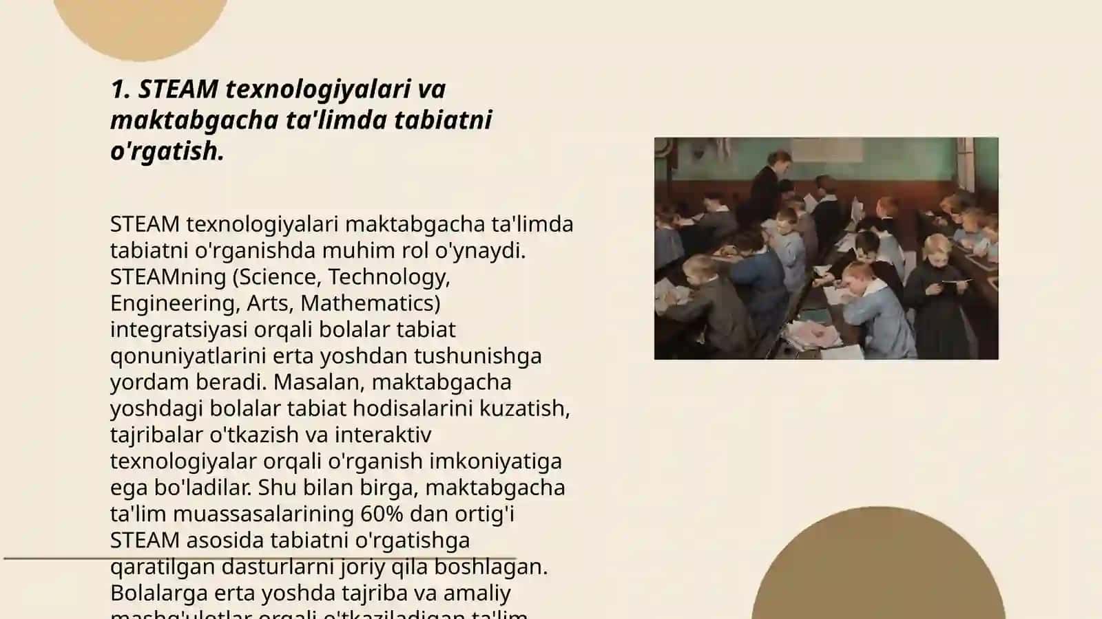 Maktabgacha talimda tabiatga oid bilimlar va badiiy estetik tarbiyaning integratsiyasi STEAM talim texnologiyasidan foydalanish 3