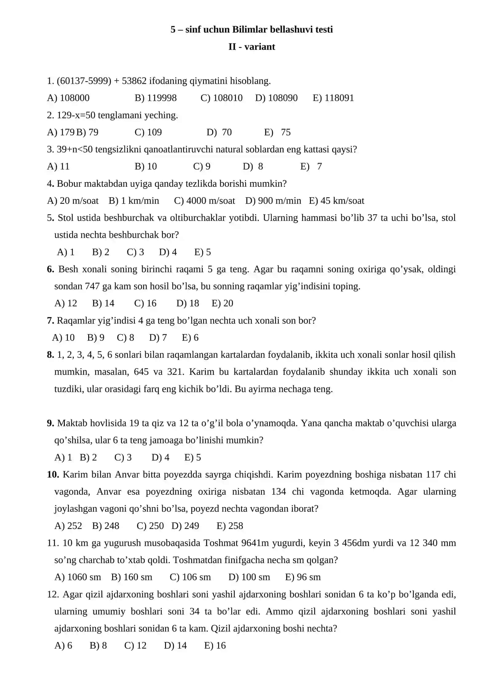 5 – sinf uchun Bilimlar bellashuvi testi 3